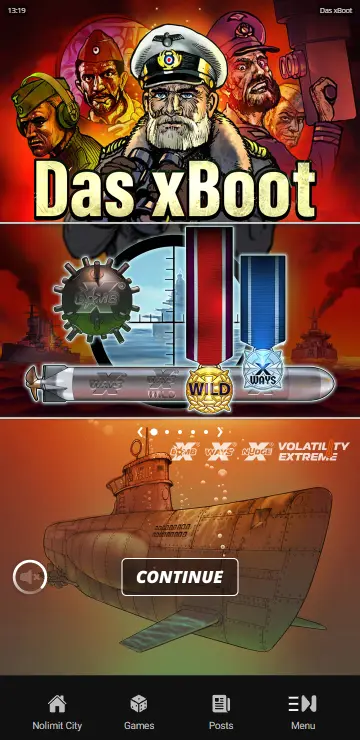 Das xBoot slot base game standard view showing submarine warfare setting