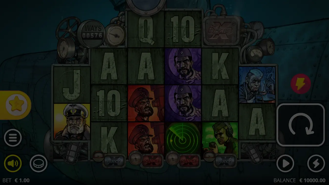 Das xBoot slot demo game window showing WWII submarine control room and torpedo mechanics