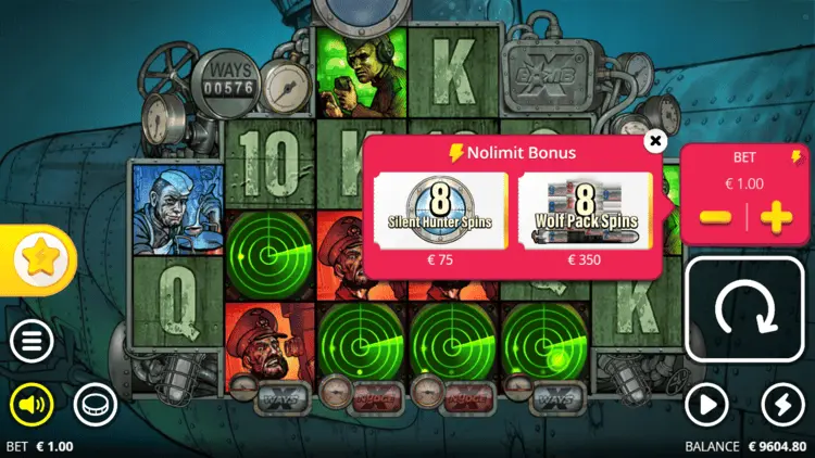 Das xBoot slot Nolimit Bonus purchase interface showing Silent Hunter and Wolf Pack options