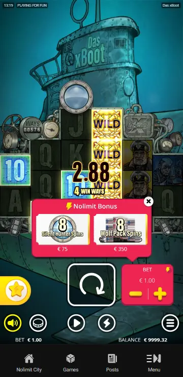 Das xBoot Nolimit City Wolf Pack Spins showing torpedo tube beneath reels